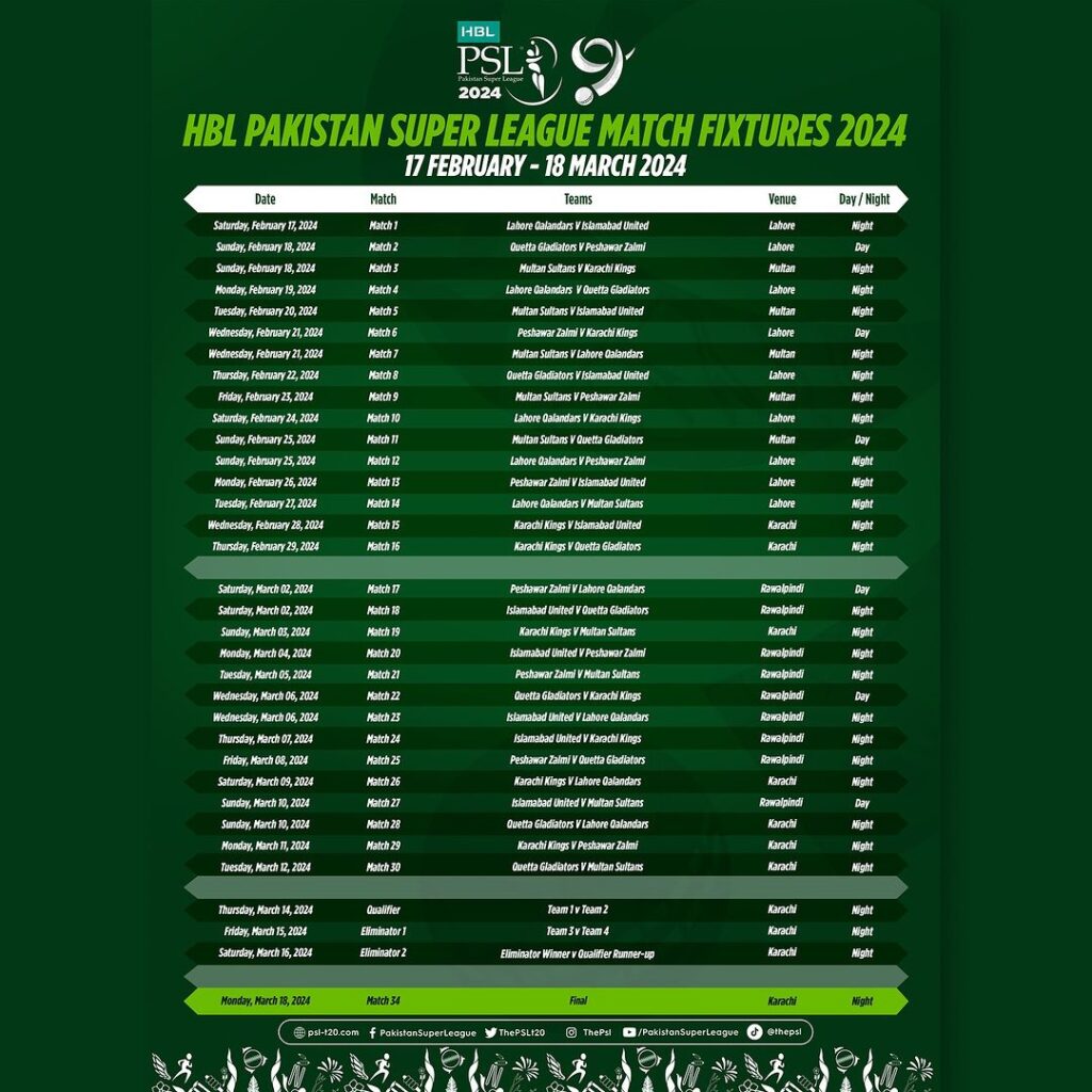 PSL Schedule 2024 which is upcoming